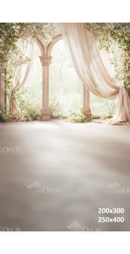 Tło fotograficzne „Romantyczne wiosenne arkady z jasnymi zasłonami i kwiatami” | E684